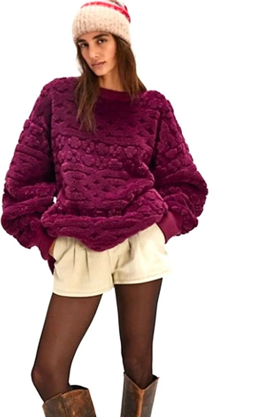 Free People Cable Knit Sweatshirt Poockets Oversized Furry Wine Berry XL NEW